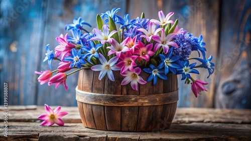 Wallpaper Mural Chionodoxa and Pyrus on Painted Barrel - Blue Pink Floral Still Life Torontodigital.ca