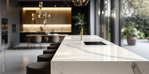 Ein hochwertiges Foto, das eine lange, schimmernd weiße Küchenarbeitsplatte in der Bildmitte zeigt. Im Hintergrund trägt eine minimalistisch gestaltete Küche zur eleganten Komposition bei. 