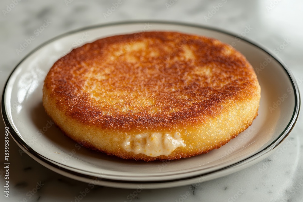 Sweet corn pancake with cheese on white plate, golden crust, creamy filling. Concept of sweet corn pancake with cheese, Cachapa as tasty comfort food, perfect for sharing. Sweet corn pancake with cheese on white plate, golden crust, creamy filling. Concept of sweet corn pancake with cheese, Cachapa as tasty comfort food, perfect for sharing.