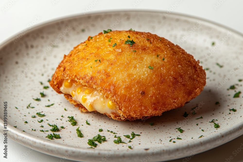 Sweet corn pancake with cheese on white plate, garnished with parsley. Concept of sweet corn pancake with cheese showcasing Cachapa, delicious and appetizing dish. Sweet corn pancake with cheese on white plate, garnished with parsley. Concept of sweet corn pancake with cheese showcasing Cachapa, delicious and appetizing dish.