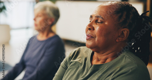 Konstfotografi Senior woman, relax and meditation with class for yoga, therapy or awareness at old age home