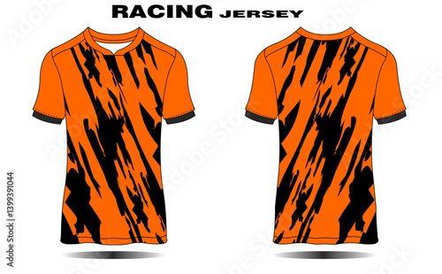 Vibrant orange racing jersey design showcasing bold black stripes, ideal for sports apparel promotion