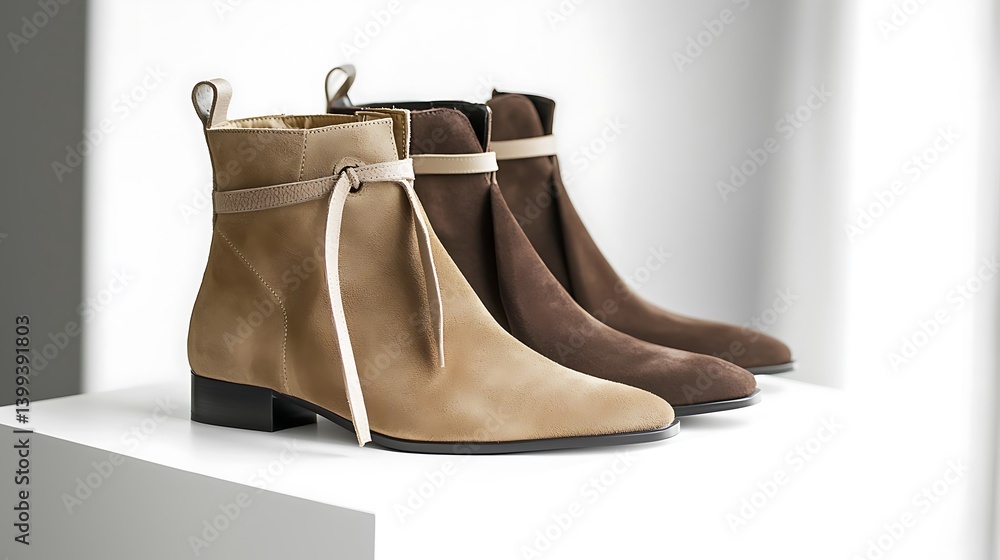 Three pairs of brown and tan boots are displayed on a white pedestal Three pairs of brown and tan boots are displayed on a white pedestal