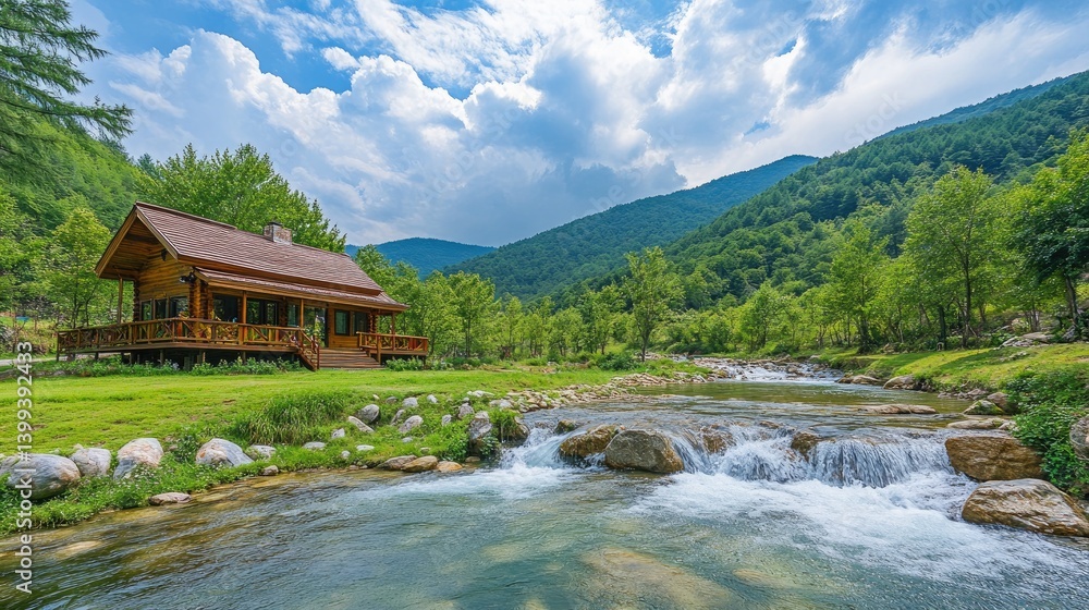 Naklejka premium Rustic cabin nestled beside a babbling brook in a lush mountain valley. Tranquil, peaceful, and scenic