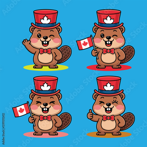 Canada Day Cute Canadian Beaver Cartoon Set 