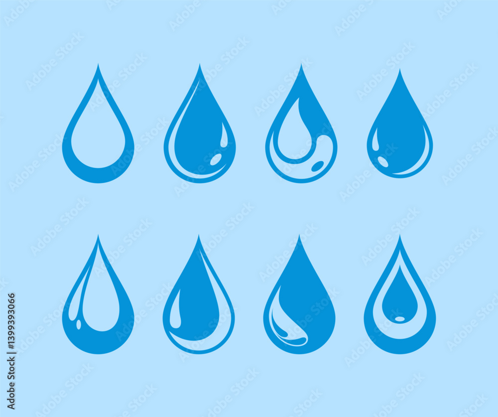 Vector blue water drop icon set. Flat droplet logo shapes collection. Set of Water drop Logo Template illustration art. blue water drops silhouettes and glossy droplet set icons on isolated background Vector blue water drop icon set. Flat droplet logo shapes collection. Set of Water drop Logo Template illustration art. blue water drops silhouettes and glossy droplet set icons on isolated background