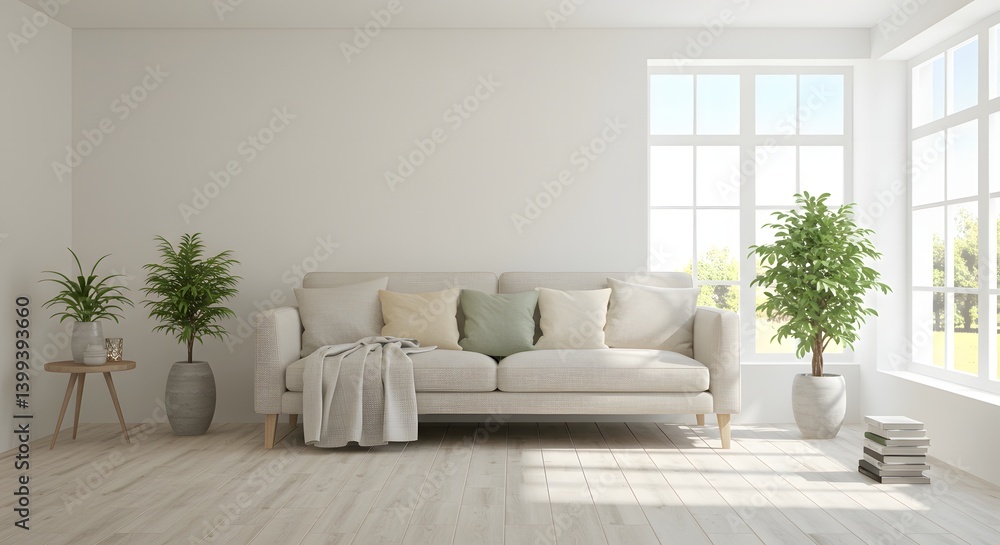 Fototapeta premium Serene Minimalist Living Room Interior Design White Sofa, Plants, and Natural Light