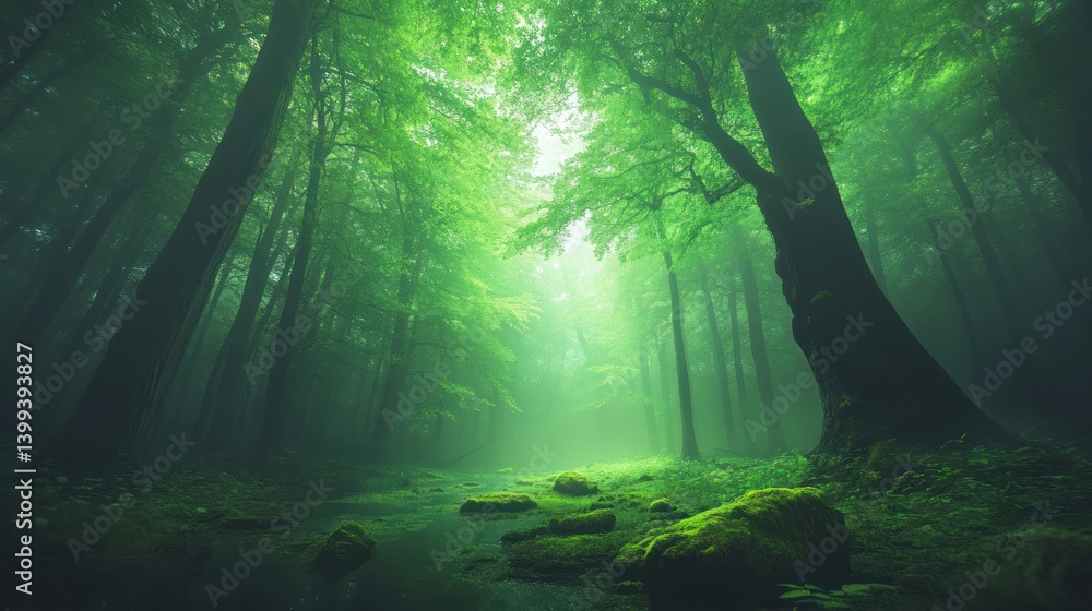 Naklejka premium Misty forest stream, green light, serene woodland, peaceful nature, tranquil environment, photo for nature background, wallpaper, stock photography