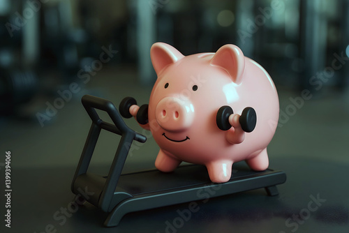 Piggy bank lifting weights on a treadmill at the gym. Money working hard concept