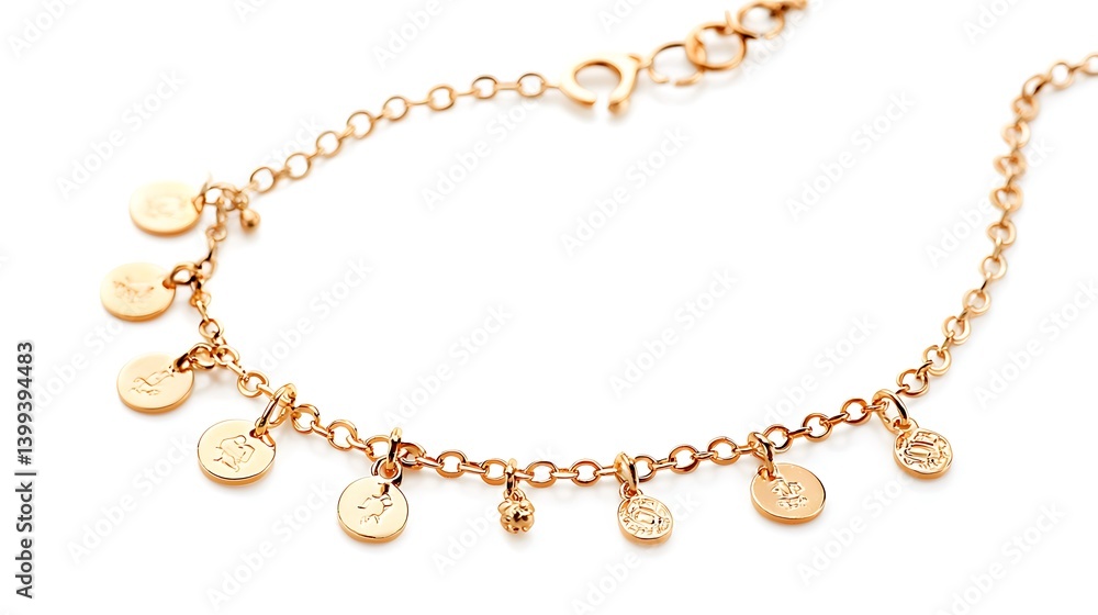 Gold chain bracelet with a variety of charms hanging from it Gold chain bracelet with a variety of charms hanging from it