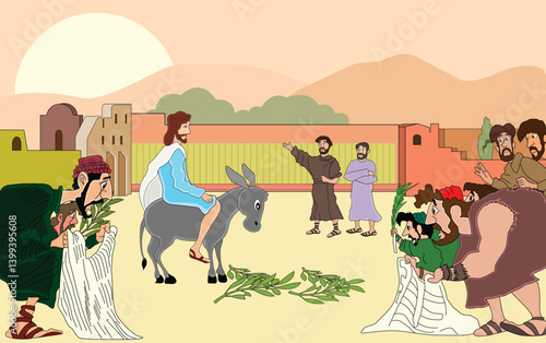 Vector illustration, biblical scene. Entrance to Jerusalem, Palm Sunday.