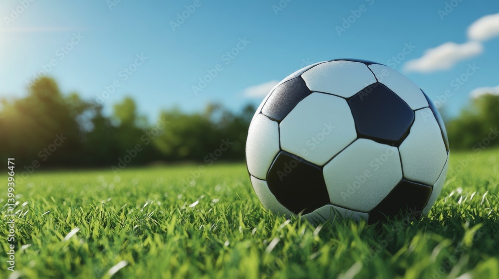 Fototapeta premium A close-up of a football resting on a grassy field, with detailed stitching and texture visible, ready for a game under a bright, sunny sky.