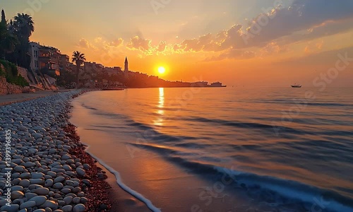 Dawn's embrace on a tranquil coast. Calm sea meets the stony beach in golden light under a cloudy sky, town on the left