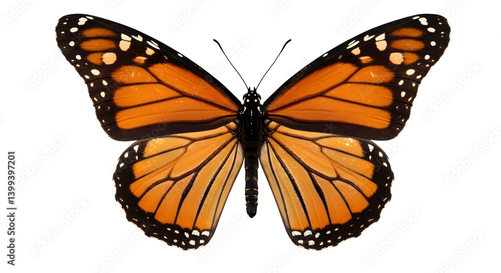 Fototapeta premium Monarch Butterfly on White Background Monarch Butterfly with Symmetrical Wings 