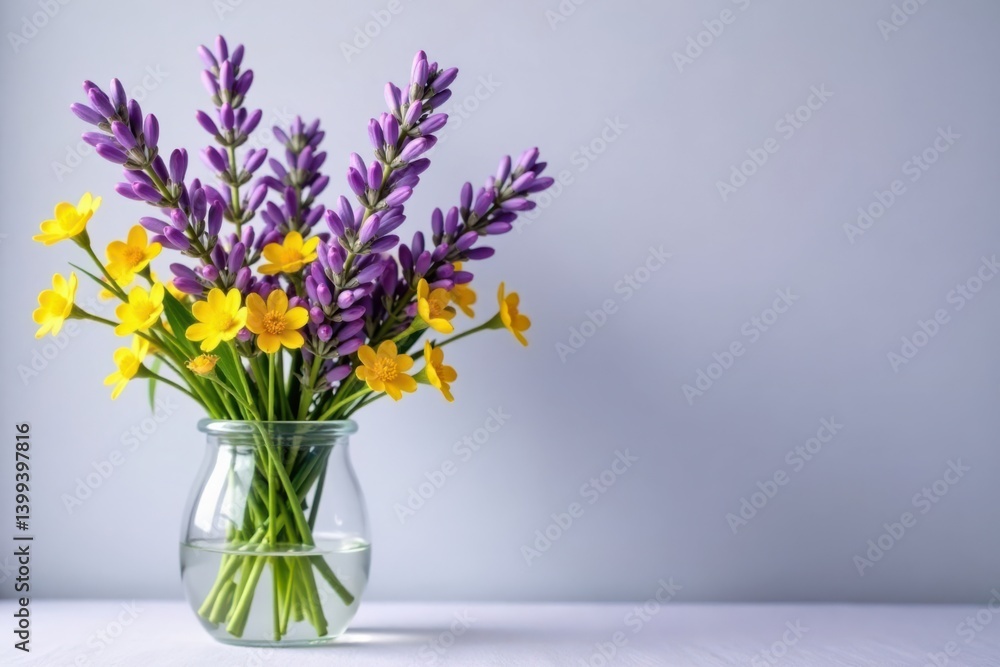 Lavender branches with small yellow flowers in a vase, nature, arrangement Lavender branches with small yellow flowers in a vase, nature, arrangement