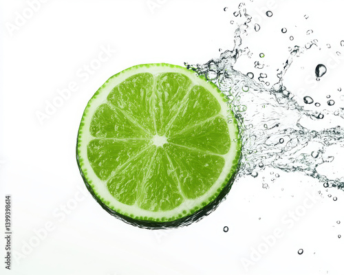 Fresh lime slice splashing in clear water, refreshing and vibrant.