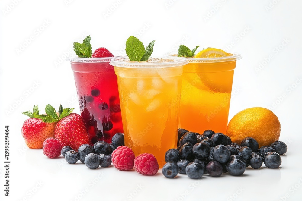 White background showcasing iced tea pack with various fruits. White background showcasing iced tea pack with various fruits.