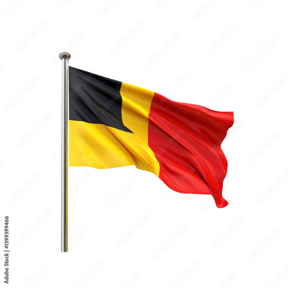Waving Belgian Flag on Flagpole - Black, Yellow, and Red Waving Belgian Flag on Flagpole - Black, Yellow, and Red