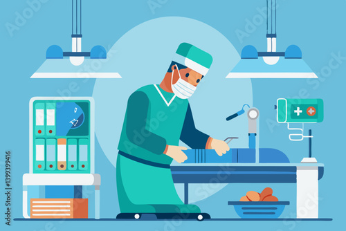 Vector of a surgeon preparing for surgery in sterile environment wearing protective gear
