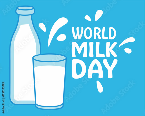 World Milk Day Illustration with Bottle, Glass, and Splash on Teal.