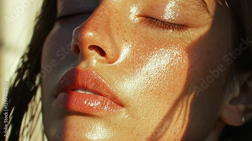 Sun-kissed face, freckles, closed eyes, glowing skin, soft light