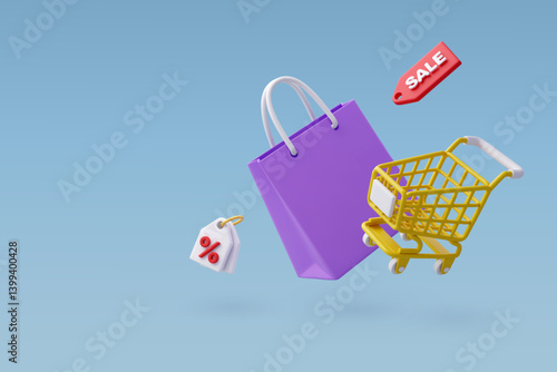 3D Vector Shopping cart with bag and promotional labels, Shopping Online Concept. Eps 10 Vector.