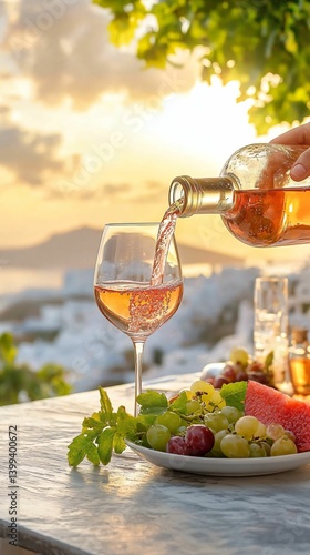 Refreshing Summer Drink with Wine and Fruits at Sunset in Greece