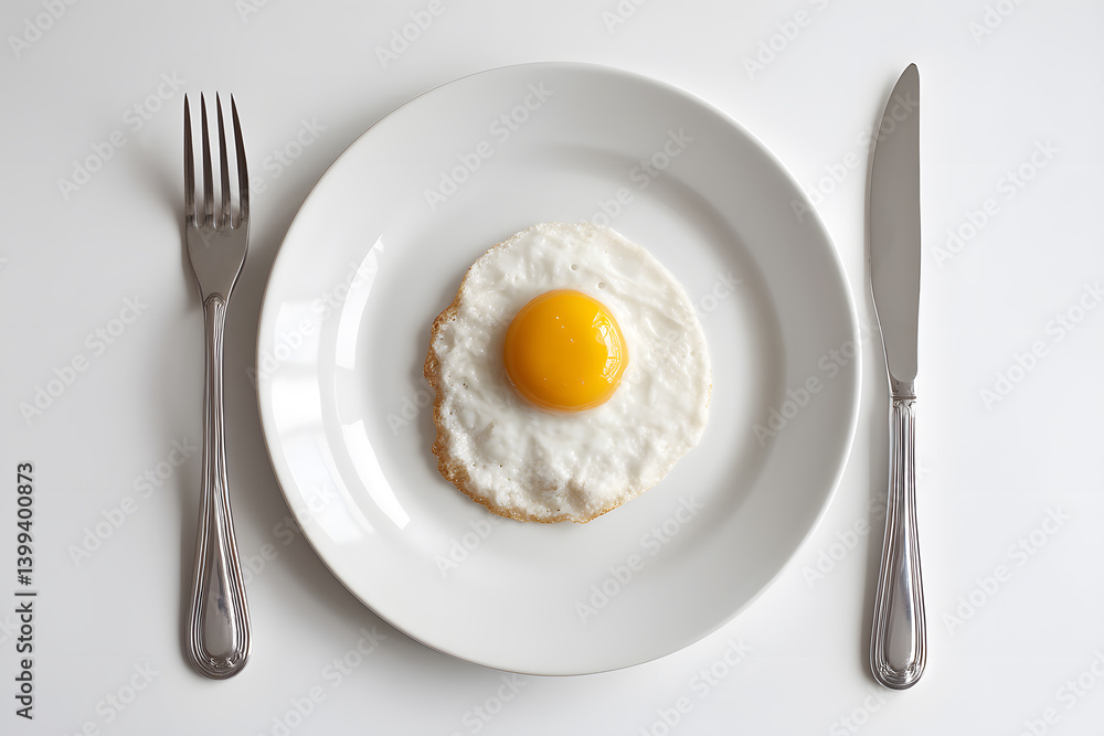 Single Fried Egg on a White Plate with Fork and Knife Single Fried Egg on a White Plate with Fork and Knife