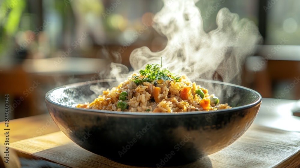 A close-up shot of steaming curry fried rice served in a bowl, showcasing the mix of colorful ingredients and aromatic spices in a cozy dining setting. A close-up shot of steaming curry fried rice served in a bowl, showcasing the mix of colorful ingredients and aromatic spices in a cozy dining setting.