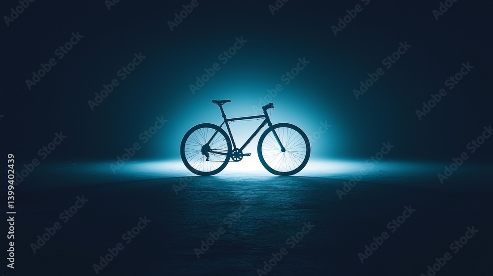 Fototapeta premium Bicycle illuminated by blue light in an empty industrial space at night