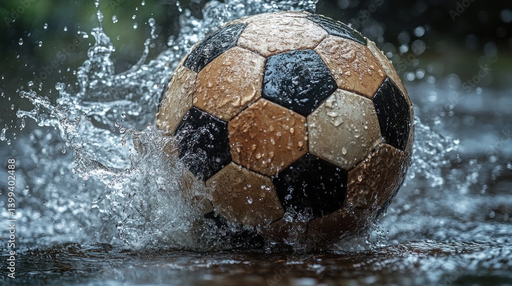 Naklejka premium Wet soccer ball splashing in water.