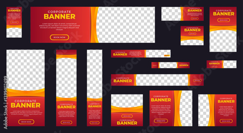 An elegant business web banner template featuring a red background, complete with an image placeholder and a centralized text area for your message.