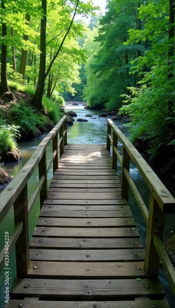 Rustic wooden bridge spanning a murky river surrounded by lush greenery, texture, grunge Rustic wooden bridge spanning a murky river surrounded by lush greenery, texture, grunge