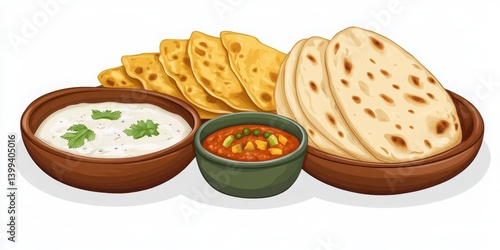 Illustration of Indian food with naan bread and dips