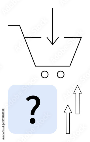 Shopping cart with downward arrow indicating checkout or purchase, question mark hinting decisions, upward arrows showing growth or progress. Ideal for e-commerce, sales, decisions, business growth