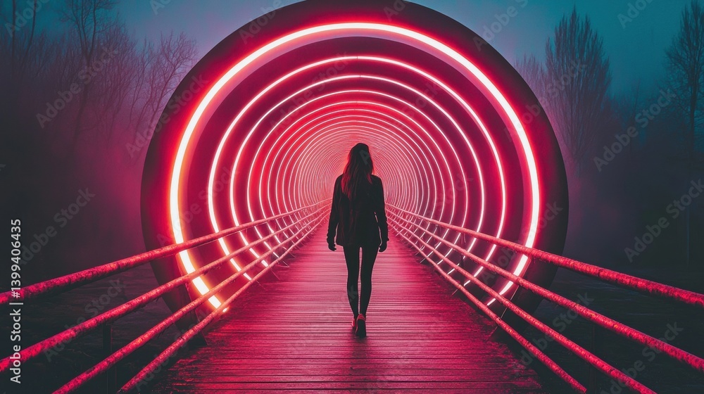 A silhouetted figure walks through a glowing tunnel at dusk. A silhouetted figure walks through a glowing tunnel at dusk.