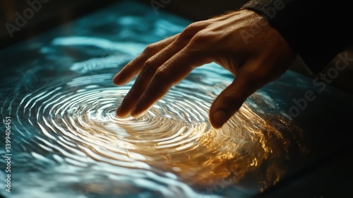 Obraz na płótnie Human hand touching a screen creating water ripple effect, blue light. Illustrate innovation, technology, human connection, and creative processes. w salonie