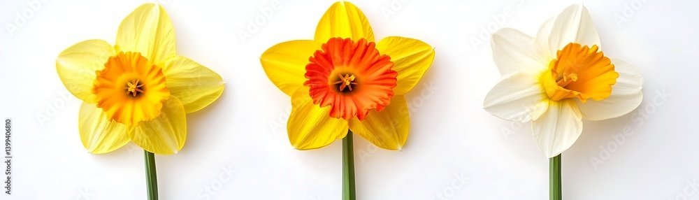 Group of daffodils blooms in vibrant color over white, for botanical study and decor uses Group of daffodils blooms in vibrant color over white, for botanical study and decor uses