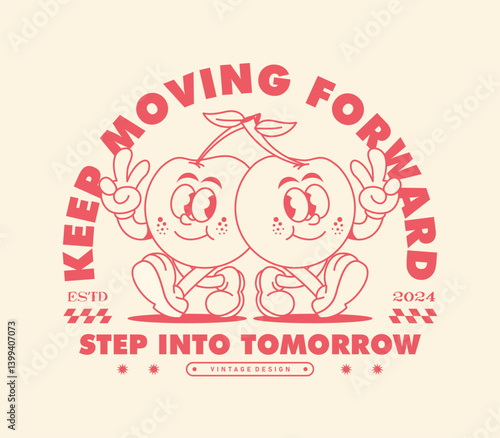 Cute retro cherry cartoon characters with peace signs in vintage hand-drawn style. Perfect mascot illustration for t-shirts, stickers, posters