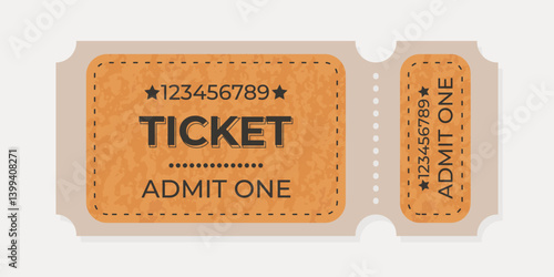 Retro ticket design featuring orange and beige colors with perforated edges.