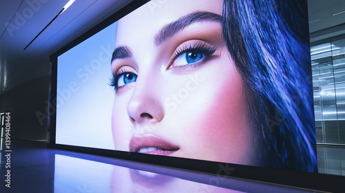 Captivating close up of a billboard featuring a woman's face with bright blue eyes