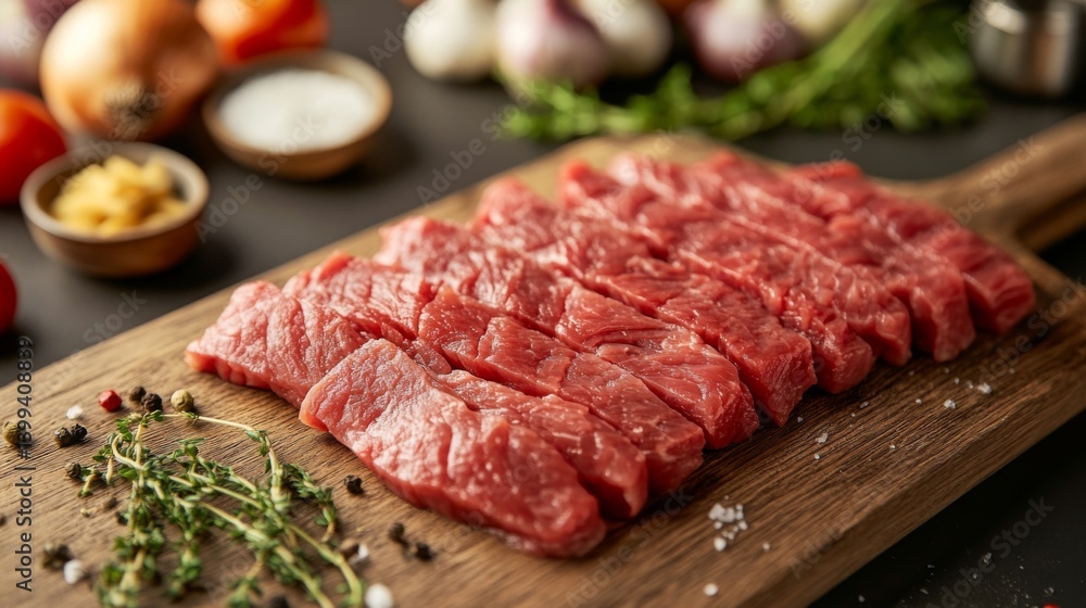 A high-quality photo of a cutting board with sliced being prepared for a dish, with a background of various kitchen ingredients and a focus on the onions texture. A high-quality photo of a cutting board with sliced being prepared for a dish, with a background of various kitchen ingredients and a focus on the onions texture.