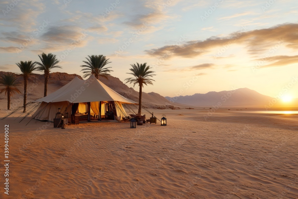 Luxury tent camp glowing at sunrise in the desert near Red Sea, Saudi Arabia