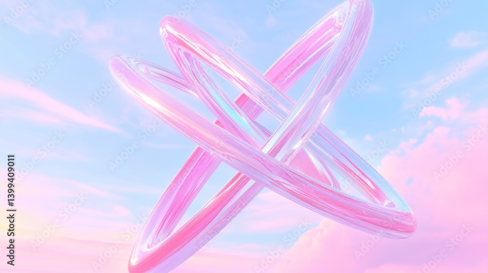 Abstract iridescent shapes intersect in a soft pink sky Abstract iridescent shapes intersect in a soft pink sky