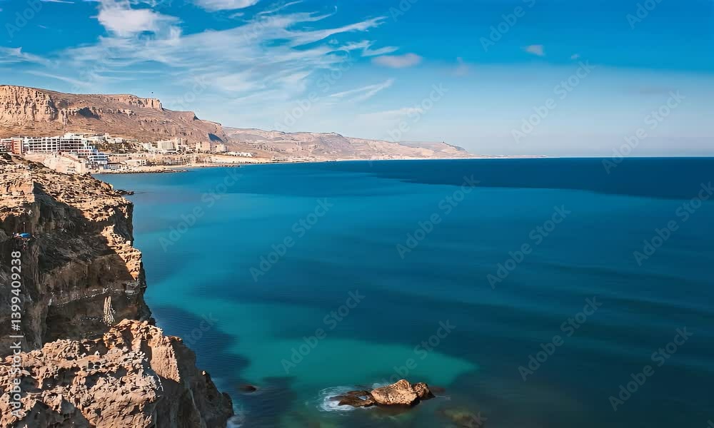 Coastal vista with turquoise sea, rocky cliffs, and distant mountains, under a sunny, cloud-streaked blue sky Coastal vista with turquoise sea, rocky cliffs, and distant mountains, under a sunny, cloud-streaked blue sky