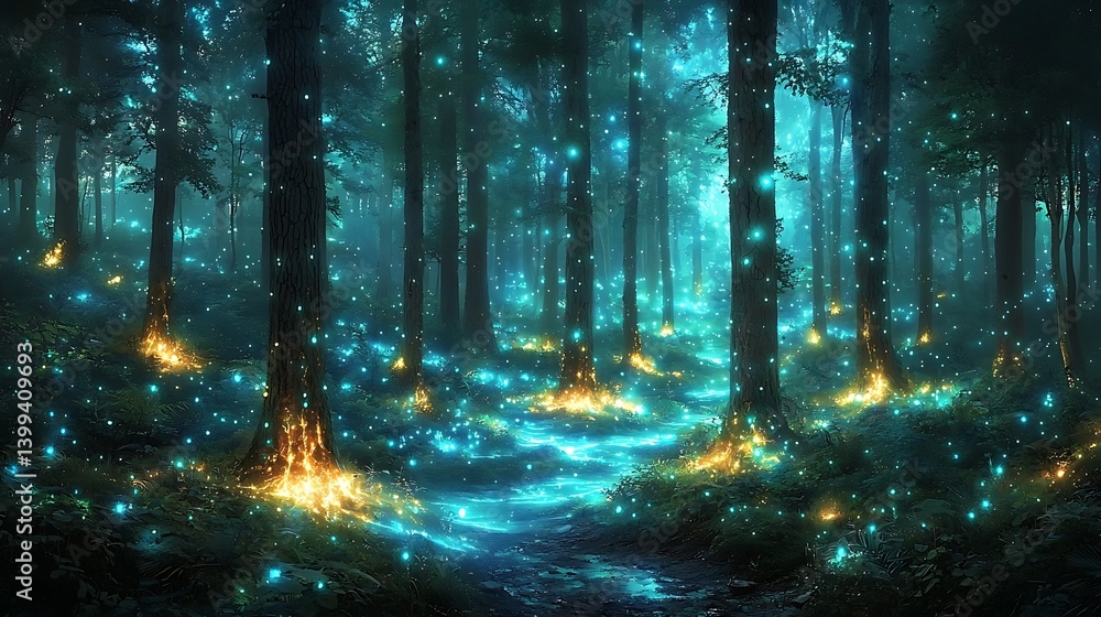 Enchanted Forest Path with Glowing Lights and Mystical Atmosphere Enchanted Forest Path with Glowing Lights and Mystical Atmosphere