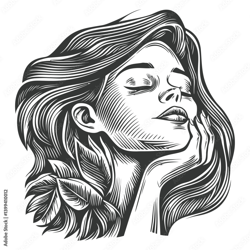 Elegant Illustration of a Serene Woman with Flowing Hair and Leaves Elegant Illustration of a Serene Woman with Flowing Hair and Leaves