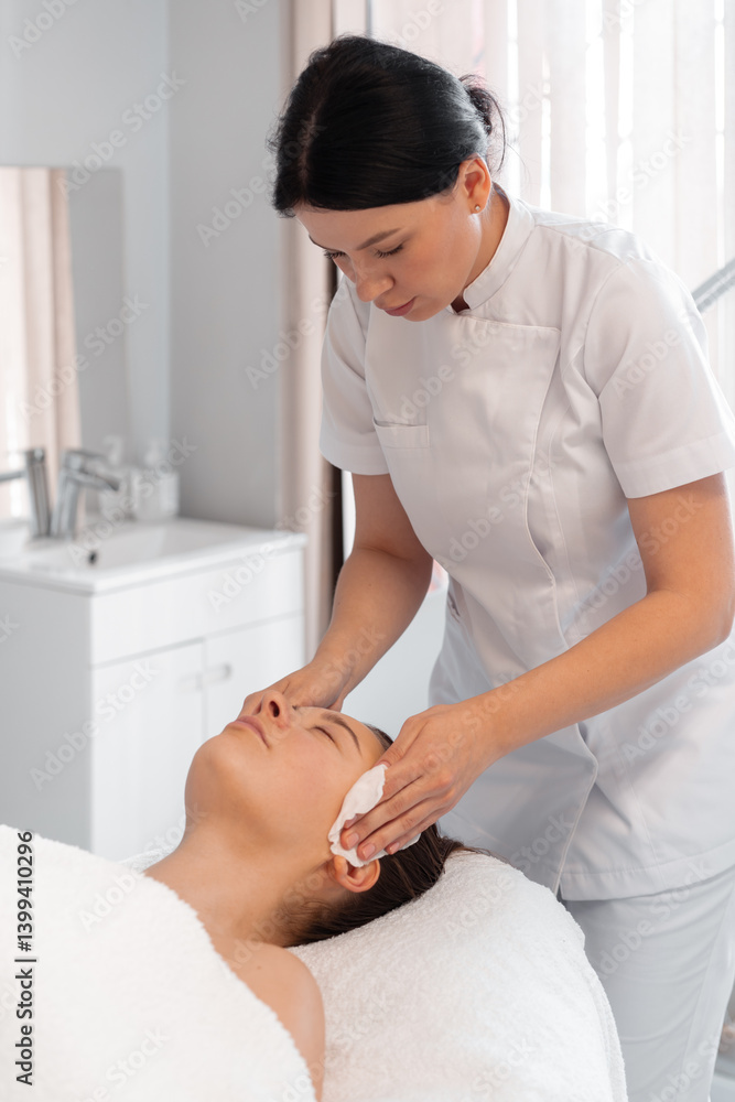 Cosmetologist wiping woman face with antibacterial napkins. Doctor performing beauty procedure in cosmetology clinic, cleaning the patient's face for treatment Cosmetologist wiping woman face with antibacterial napkins. Doctor performing beauty procedure in cosmetology clinic, cleaning the patient's face for treatment