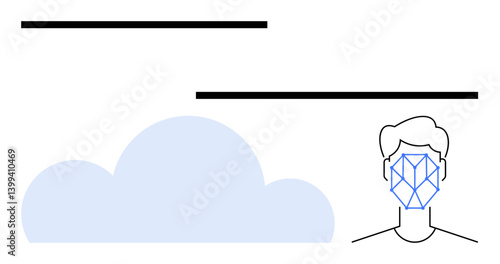Human face with geometric facial recognition pattern next to a cloud graphic, symbolizing connectivity, AI analysis, and data storage. Ideal for technology, security, AI, cloud computing, privacy