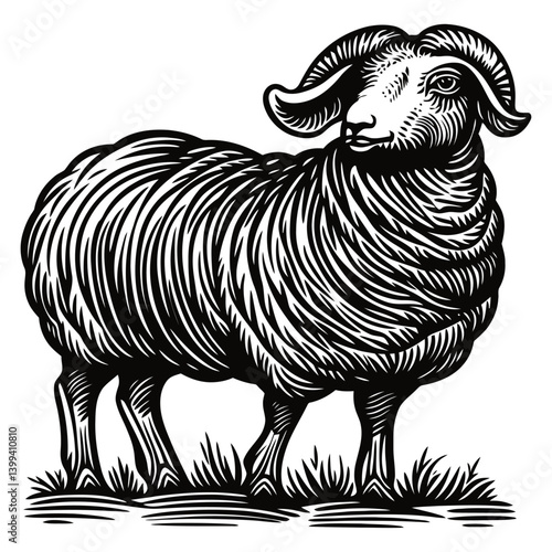 Detailed Hand-Drawn Illustration of a Wooly Sheep in Black and White